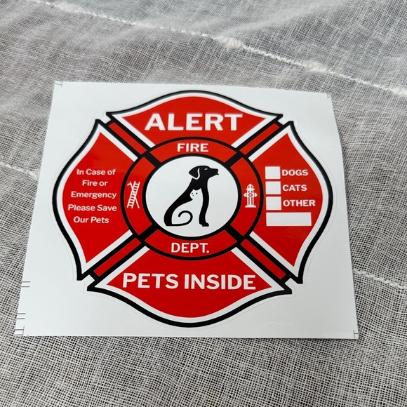 Other - Fire Alert Pets Inside Sticker PROTECT YOUR FURRY LOVED ONES 911 Emergency NWT